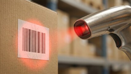 Barcode Scanner Reading Product Code with Red Laser in Warehouse