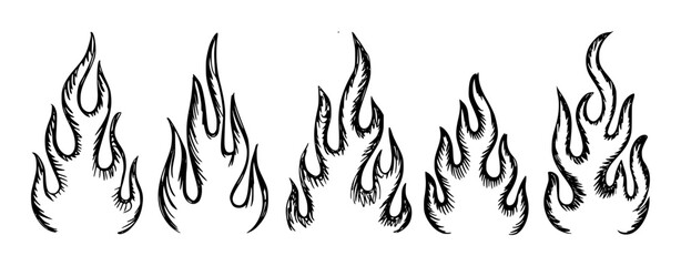 Black stylized flame with intricate featherlike detailing in monochrome ink flames