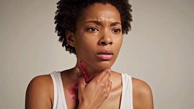 Woman Experiencing Pain With Dermatology Issues Around The Neck And Concerned Look