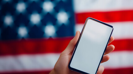 A hand holds a cell phone with a bright white screen in front of a blurred image of a flag.  The screen glows reflecting in the light.