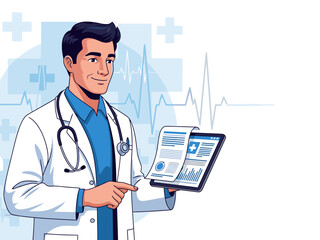 A smiling doctor uses telehealth, reviewing data on a tablet. Modern medical illustration with a clean, professional aesthetic. Ideal for health tech marketing.