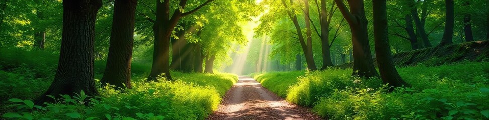 Sun-dappled forest path winding through ancient trees, lush green foliage, dappled sunlight filtering through the canopy, peaceful woodland scene , serene, flora, trees