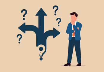 Confusion, frustration or decision making, mess, dilemma or complicated problem, lack of understanding, uncertain concept, confused frustrated businessman look at direction arrows with question marks.