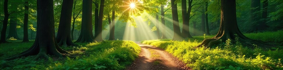 Magical Sunlight Dapples Woodland Path Serene Forest Scene with Ancient Trees Casting Long Shadows, Peaceful Atmosphere, Ideal for Relaxation and Nature Photography