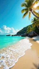 Sun-drenched beach scene, turquoise water lapping the shore, vibrant summer vacation vibes  Perfect for travel, holiday, and summer promotional material ,  beautiful,  tropical,  ocean