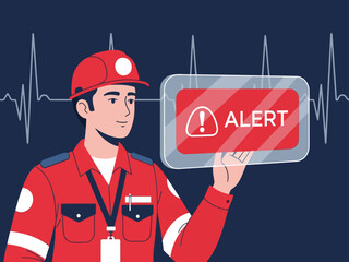 A paramedic holds a tablet displaying an alert, showcasing a vital sign monitor. The image conveys urgency and professionalism. Modern, graphic style.