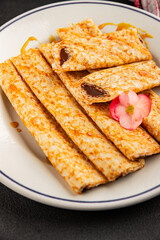 Crepes with chocolate sweet dessert tasty snackfresh gourmet food background on the table  rustic food top view copy space