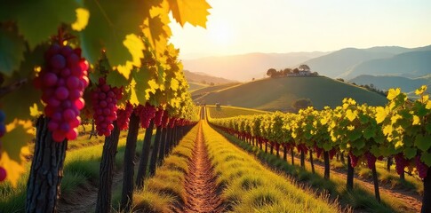 Naklejka premium Golden Tuscan Hillsides Grape Harvest in Italys Wine Country. Ripe grapes hang heavy on sun-drenched vines, creating a picturesque autumn scene.