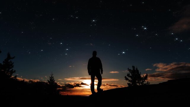 Cinematic silhouette of a person standing on a summit at sunset, combined with an animated starry sky for a dramatic night-sky effect. Perfect for atmospheric, inspirational and outdoor travel scenes