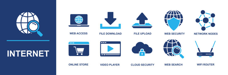 Internet icon set. Containing web access, file download, file upload, web security, network nodes, online store, video player, cloud security, web search, wifi router and more. Solid vector icons