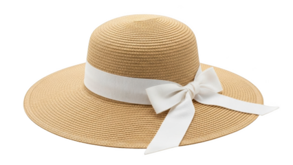 Straw sun hat with white ribbon bow on black background straw hat wide brim hat