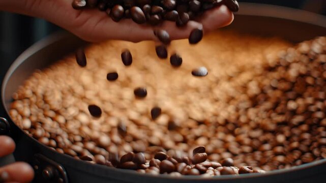 Close-up of Hand Holding Dark Roasted Coffee Beans and Pouring into Container