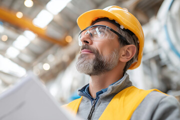 A man wearing a yellow safety vest and a hard hat is looking at a piece of paper