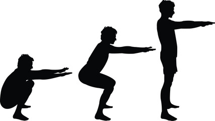 black vector silhouettes of young man showing right squat positions isolated on white background vector illustration