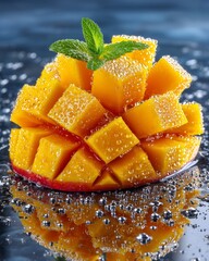 Fresh Cubed Mango with Water Droplets and Mint Leaf on Reflective Surface