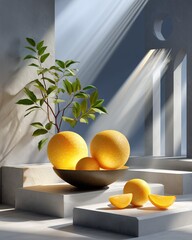 Sunlit Artistic Still Life with Oranges and Green Leaves in Geometric Setting