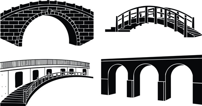 Minimalist vector silhouette of four arched bridge designs showing stone wooden and modern foot bridges in side view close up black on white low angle isolated