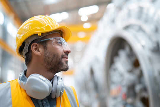 A man wearing a yellow vest and a hard hat is looking at a machine - Powered by Adobe