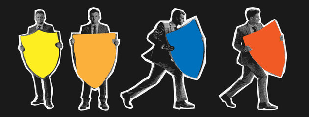 Stylised halftone silhouettes of business professionals carrying shields representing safety and risk protection