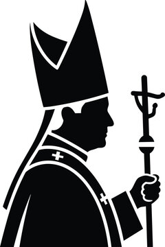 Silhouette of a bishop wearing a mitre and holding a crosier religious clergy