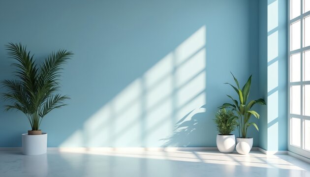 Minimalist interior empty room with blue wall and large window. Sunlight casts geometric shadows on floor and wall. Potted green plants add natural decor element. Clean bright space for design.