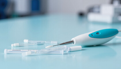 Diabetes care device, lancing pen, caps on blue background. Essential diabetes care tools include modern lancing instrument, disposable lancets for accurate glucose checks.