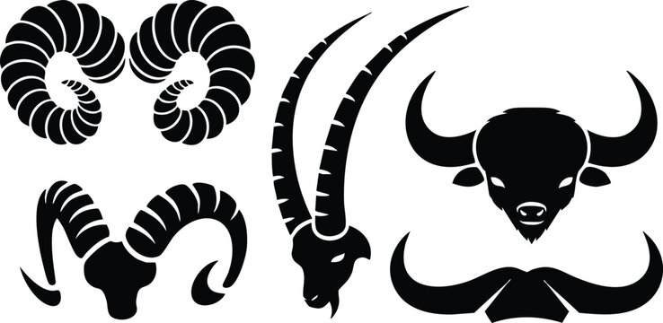 Silhouette vector set of curled ram horns long goat horns and buffalo head emblem variations close up isolated black shapes for logo badge branding minimalist identity