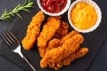 Fried chicken breast strips on black table background. Delicious chicken crisps	
