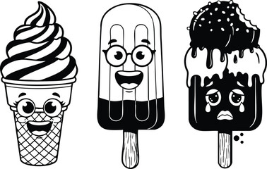 Line art cute ice cream trio with faces front view smiling happy and sad bitten melting popsicles with soft serve cone on sticks monochrome vector playful