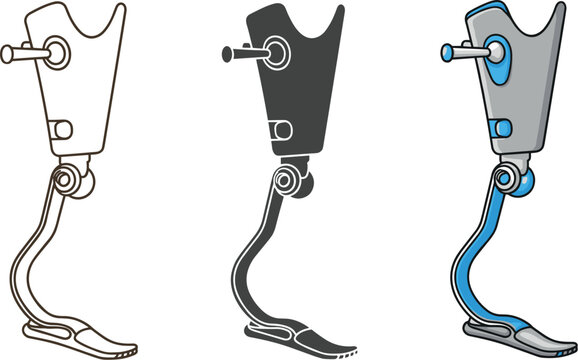 Prosthetic leg in different styles isolated on white background outline, silhouette and colored version of a leg prosthesis medical equipment concept