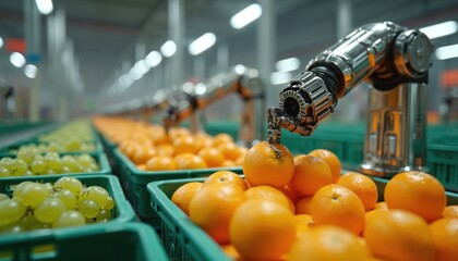 Robotic arms sort fresh fruits in modern automated warehouse. Advanced robot arm precisely picks up orange from crate. Rows of oranges, green grapes ready for processing. Shows innovation in agri
