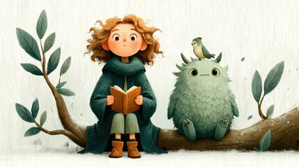 Whimsical girl reading a book with cute forest creature &mdash; cozy children&rsquo;s illustration