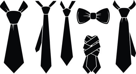 Flat design minimalist tie collection showing five black neckwear silhouettes front view bow tie included close up isolated on white background top down arranged elegant accessory