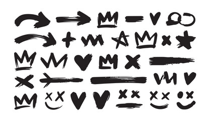 Obraz premium Hand drawn grunge brush stroke doodle set with crowns, hearts, arrows, crosses and expressive graffiti style elements in bold black