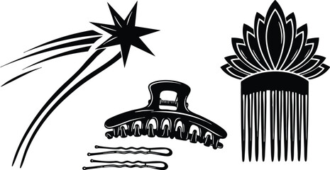 Flat icon set three black silhouette hair accessories and shooting star cluster close up top view comb claw clip bobby pins decorative lotus crest vector icons