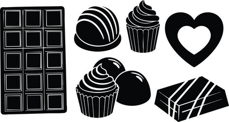 Flat silhouette vector candy and chocolate icons close up assorted chocolate bar truffles cupcakes heart shaped bonbon box top view isolated black graphic resource minimal style