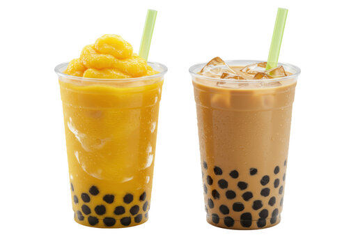 two contrasting bubble teas, a mango slushy and iced milk tea, highly detailed with condensation and boba pearls, isolated on a transparent background with copy space. concept for beverage