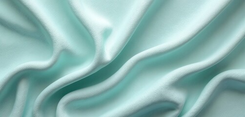 Obraz premium Light teal fabric shows soft drapes, elegant folds, creating subtle shadows. Smooth textured textile gentle ripples, offering calming background. Clean material perfect for design projects, product