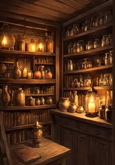Old Apothecary Cottage Soft Candlelight Shelves Lined Dusty Jars