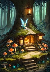 Quiet Woodland Shrine Carved Tree Roots Mushrooms Soft Mossy