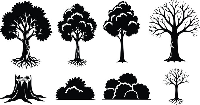 Silhouette vector tree set with varied species including oak maple leafless bare tree stump bushes sapling close up isolated black and white minimal flat design icons