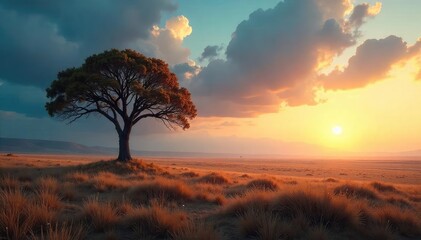 Vast, empty landscape stretches to the horizon, a single, lone tree stands silhouetted against a dramatic sky A feeling of isolation and wide-open space prevails , peaceful, steppe