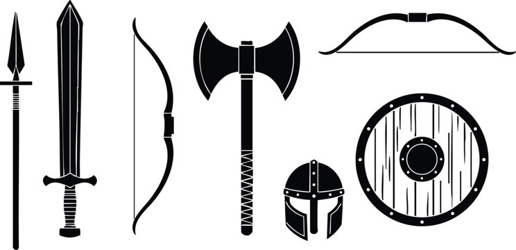 Flat silhouette icon set of medieval weapons arranged horizontally showing spear sword bow double headed axe helmet and round shield bold monochrome vector art for branding