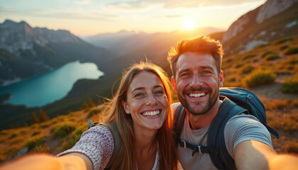 Happy couple takes selfie on mountain hike at golden sunset above blue lake. Young adventurers smile, enjoy scenic view, celebrate love and journey together outdoors.