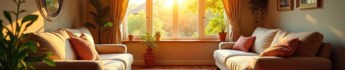 Fototapeta premium Warm, inviting home interior, sunlight streaming through window, cozy furniture, peaceful atmosphere, perfect for relaxation and family time , domestic, bright, house