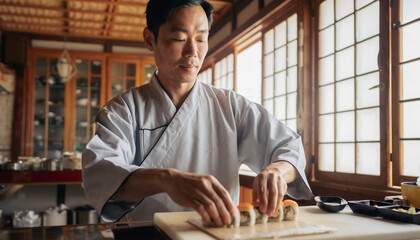 Sushi master in traditional grey kimono preparing assorted sushi rolls in authentic Japanese interior.