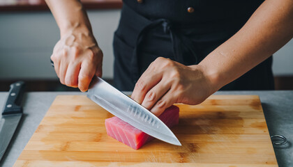 Close-up of chef slicing fresh tuna with sharp knife on wooden cutting board in professional kitchen.
