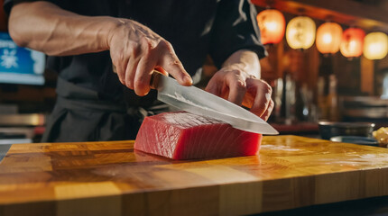 Close-up of chef slicing tuna with a sharp knife on a wooden board in a traditional Japanese restaurant.