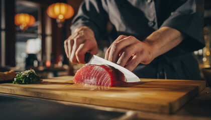 Chef preparing sashimi, slicing a large tuna fillet with precision on a wooden cutting board in a sushi bar.
