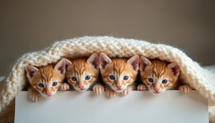 Four ginger kittens with blue eyes hide under a thick knitted blanket. They look out from behind a white surface, showing their paws and curious faces. Small cats rest comfortably, cozy and warm.